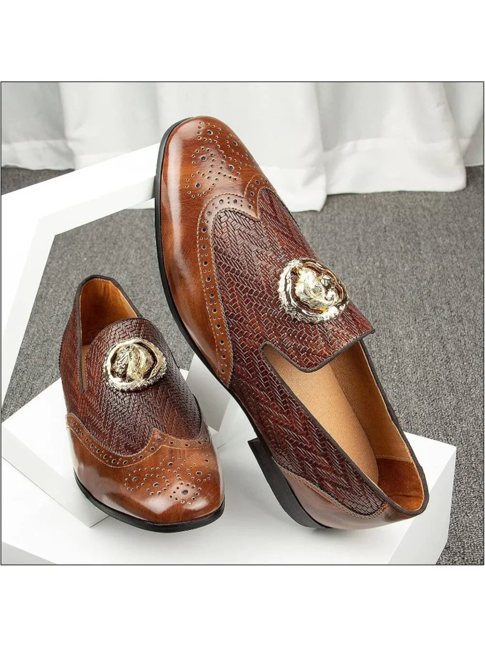 JITAI Men's Brown02 Rubber Loafer Metal Lion Head Buckle Comfortable Party Shoes